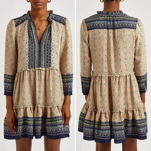 Veronica‎ Beard Lumi Dress Size 2 Silk Cream Beige Blue Floral Ruffles Chic Sexy - Picture 2 of 16